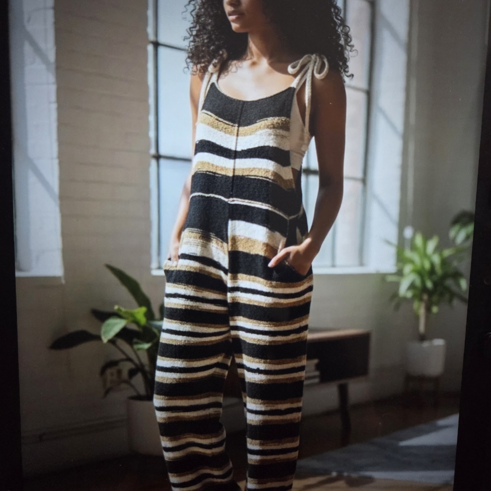POL Striped Knit Tie-Shoulder Jumpsuit in Black & Cream with Gold Stripe